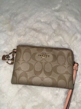 Coach Signature Canvas Wristlet in Taupe and Pink